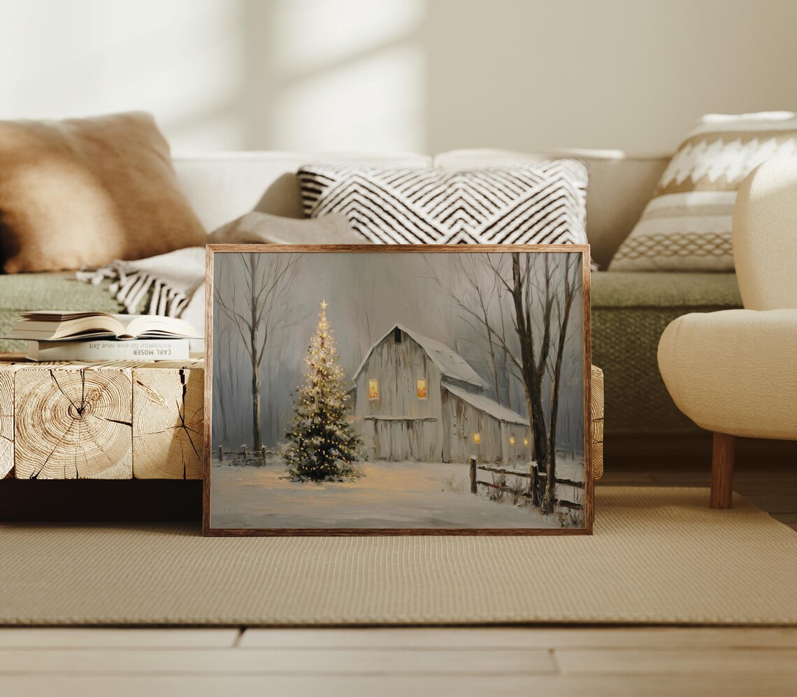 Rustic Barn Christmas Wall Art Print, Snowy Winter Farmhouse Scene