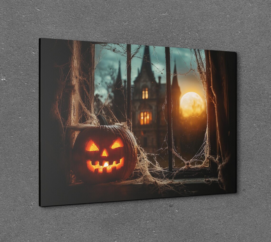 Carved Pumpkin Lantern on Window Sill With Haunted House at Night Poster - Image 7