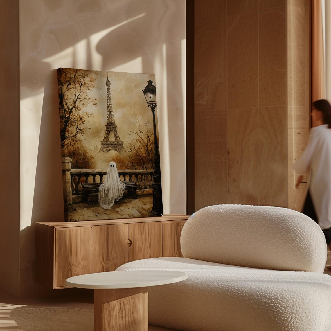 Cute Ghost With Eiffel Tower Paris Autumn Spooky Vintage Wall Art - Image 3