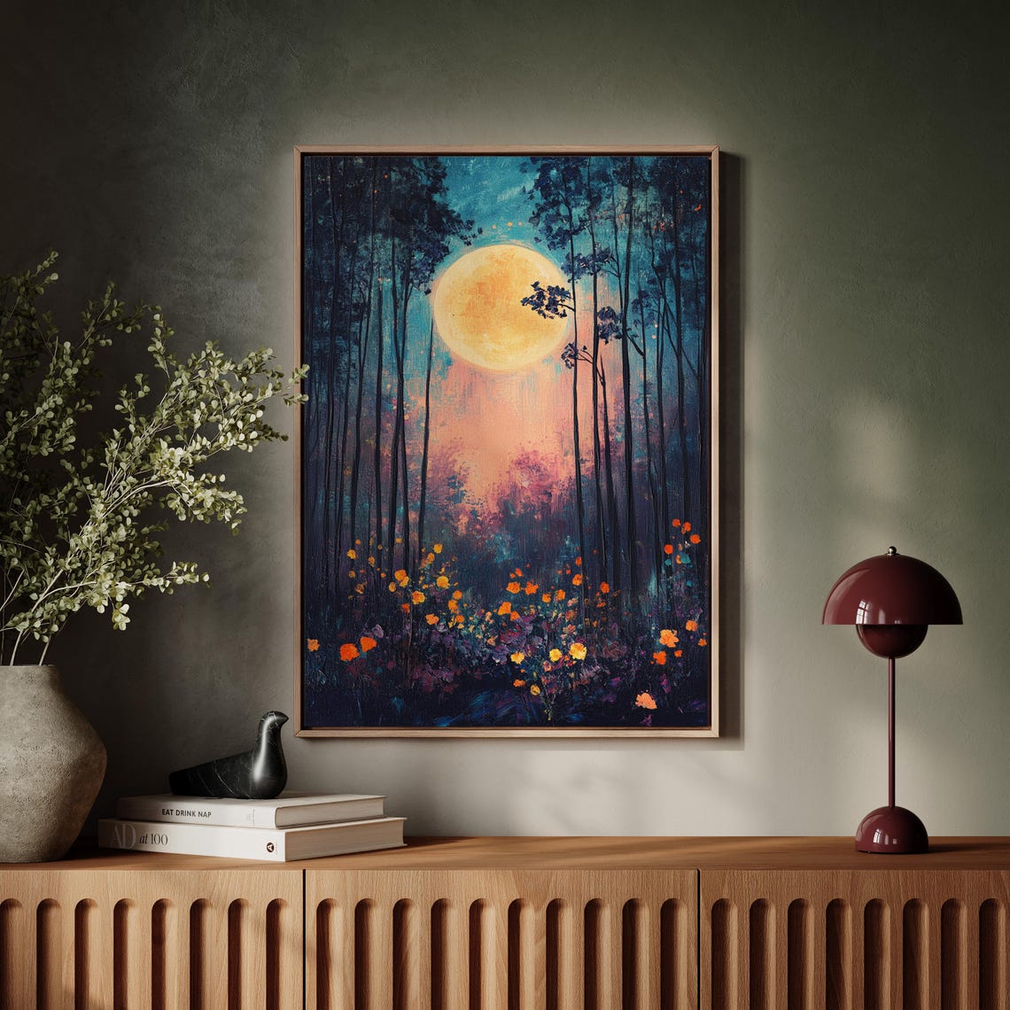 Glowing Full Moon Over Night Forest Wildflowers Pink Sky Poster - Image 7