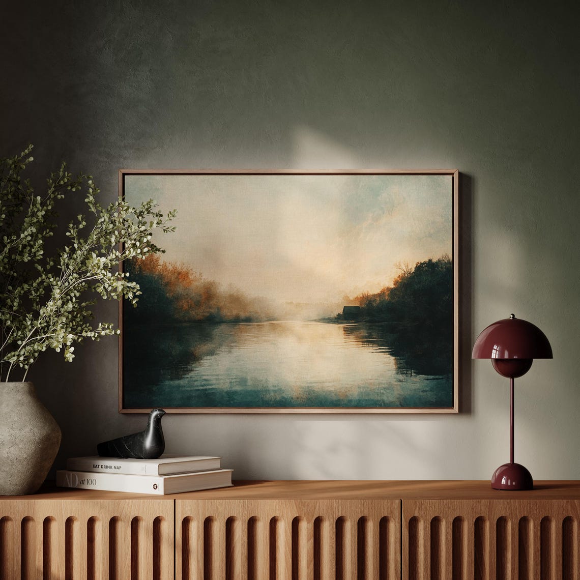 Misty River Sunset Autumn Forest Glow Tranquil Waterscape Poster - Image 3