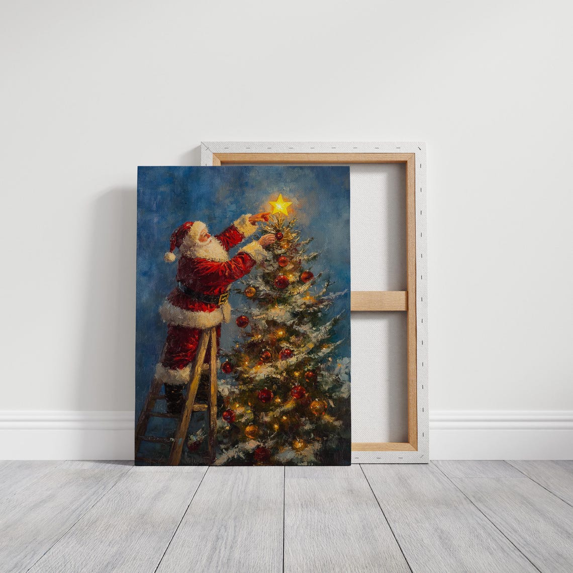 Santa Claus Placing Star On Christmas Tree Night Holiday Scene Poster - Image 3