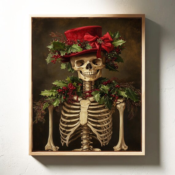 Festive Skeleton in Red Top Hat with Holly Berries Holiday Gothic Poster