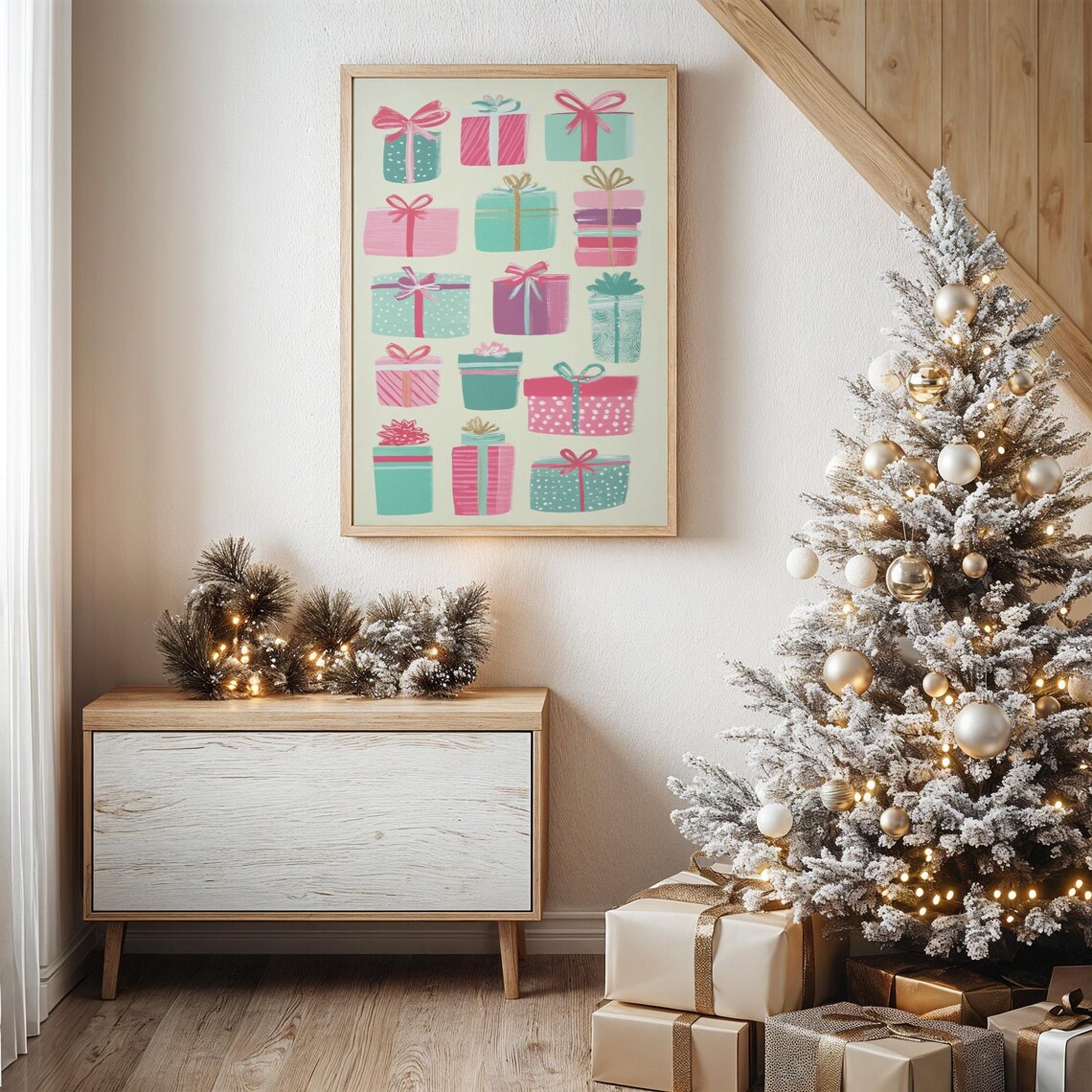 Whimsical Christmas Presents, Holiday Art Print