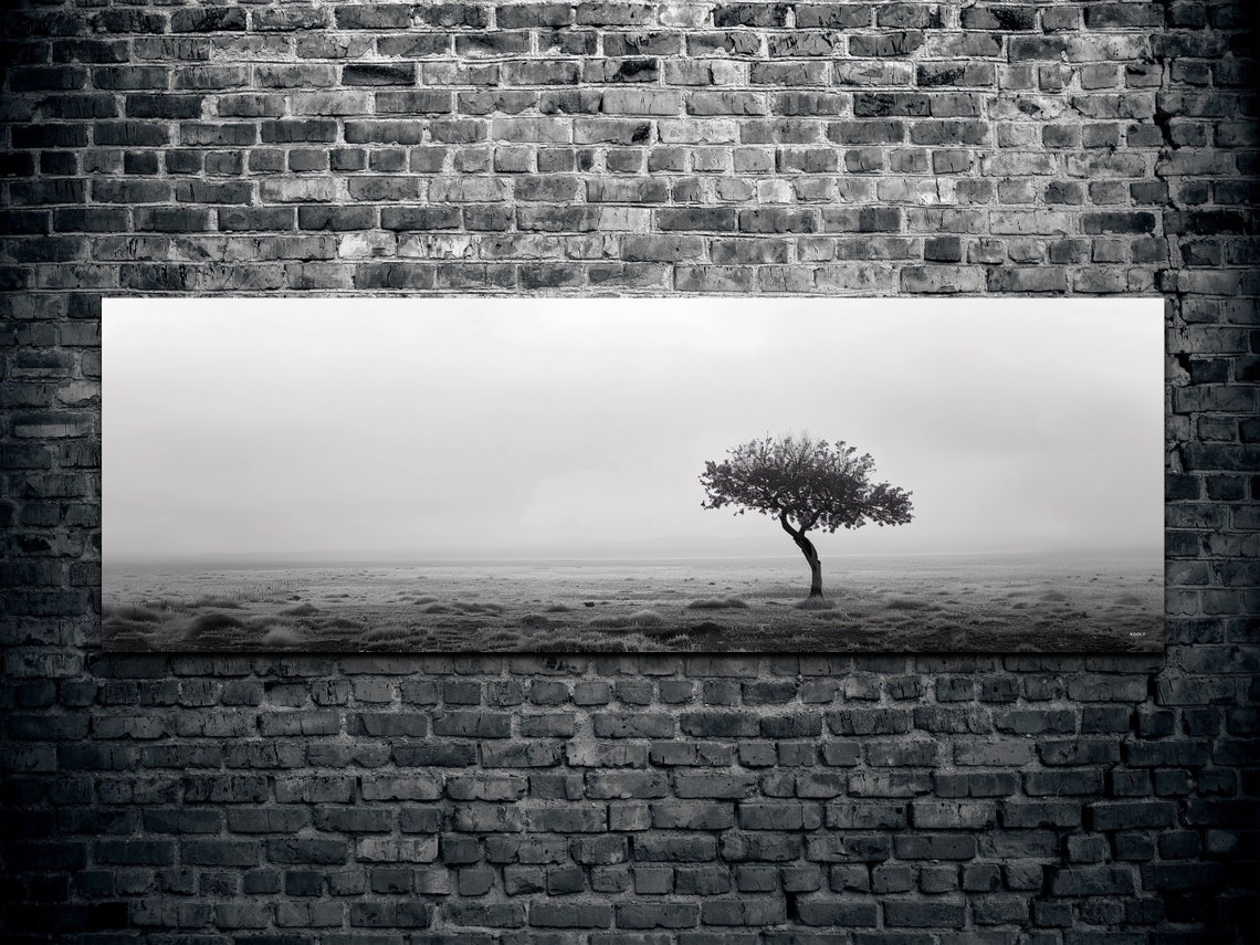 Black And White Lone Tree In A Misty Field Minimalist Poster - Image 2