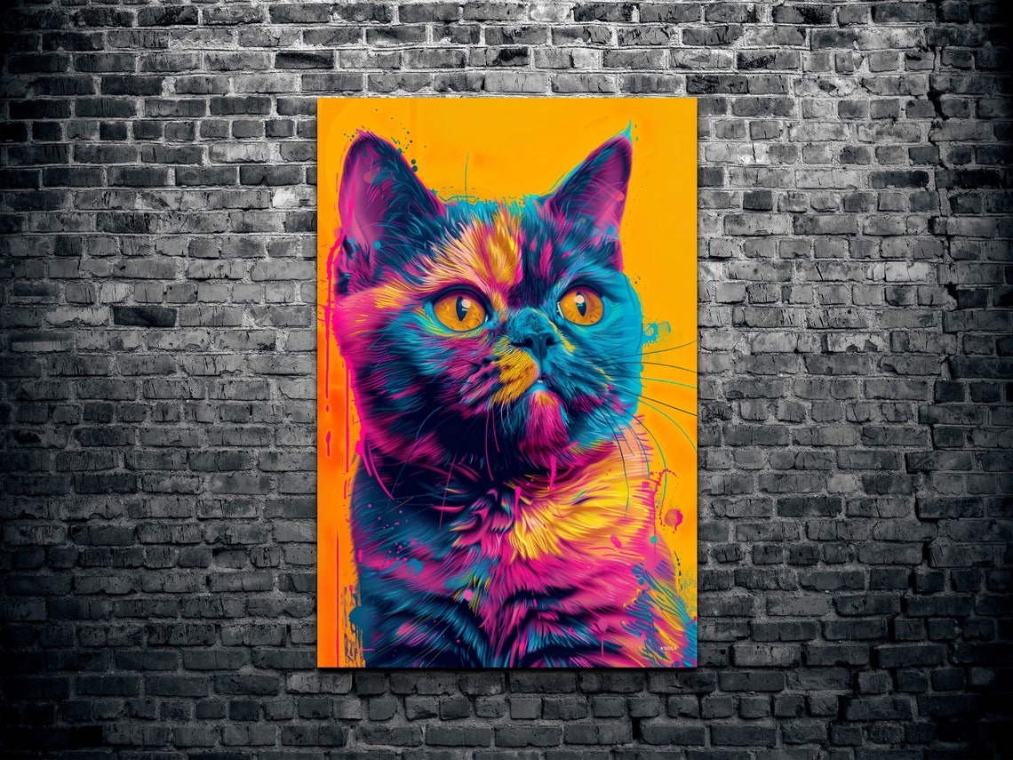 Colorful Cat Portrait on Bright Yellow Pop Art Background Wall Art - Image 2