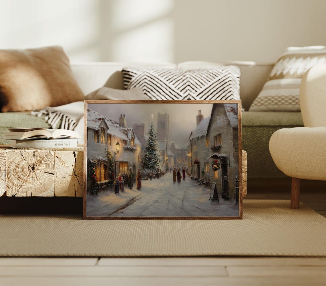 Victorian Christmas Village Snowy Street Wall Art Holiday Town Scene