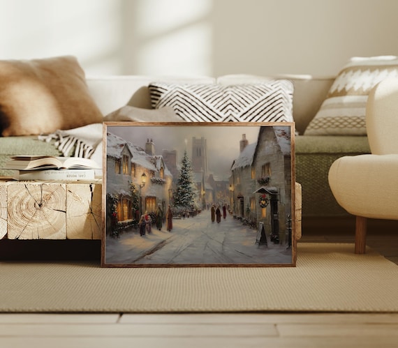 Victorian Christmas Village Snowy Street Wall Art Holiday Town Scene