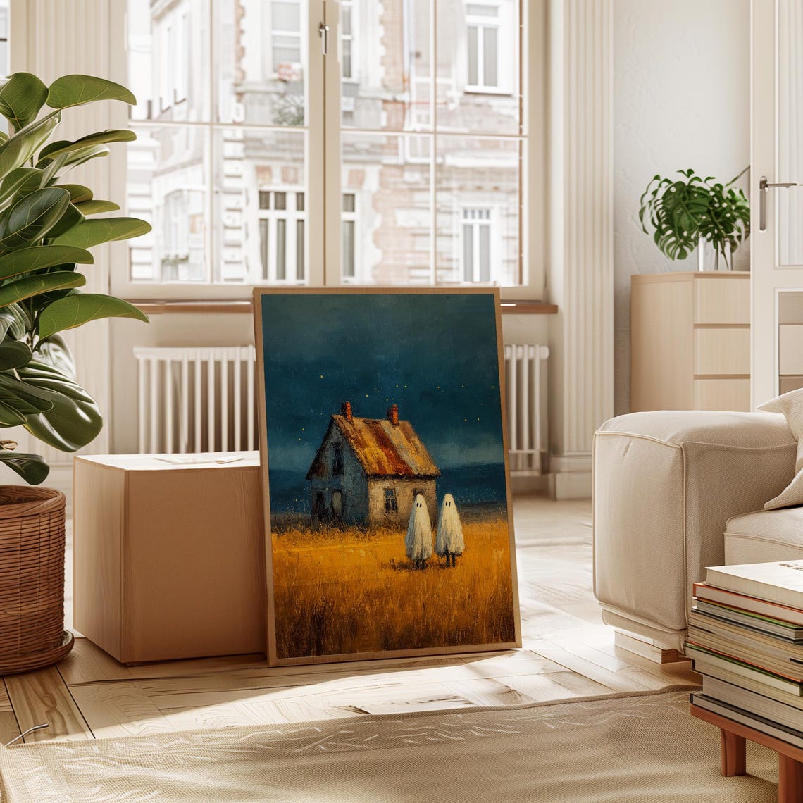 Whimsical Ghosts Golden Field Haunted Cottage Night Art Poster