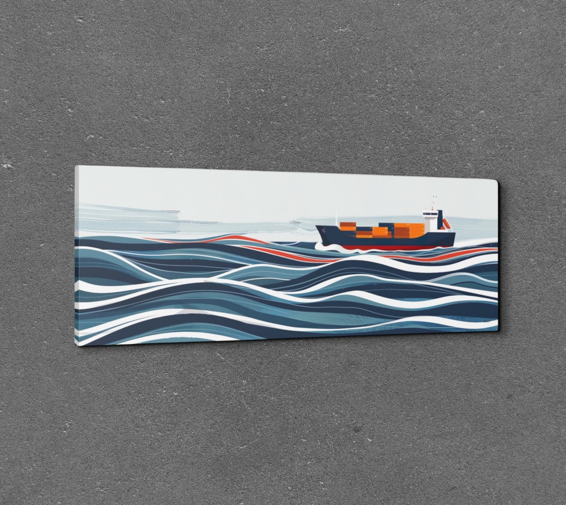 Bold Navy Cargo Ship Sailing Stylized Blue Waves Panoramic Poster - Image 3