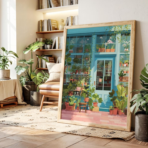 Turquoise Plant Shop Storefront Lush Greenhouse Botanical Illustration Wall Art
