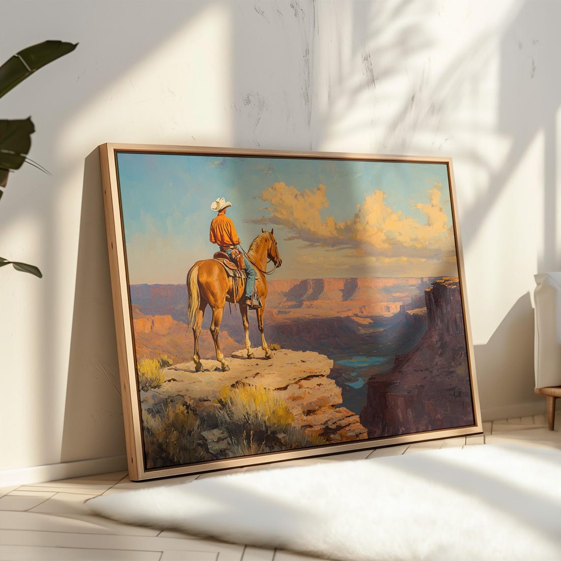 Cowboy on Horse at Canyon Overlook Daylight Western Landscape Poster