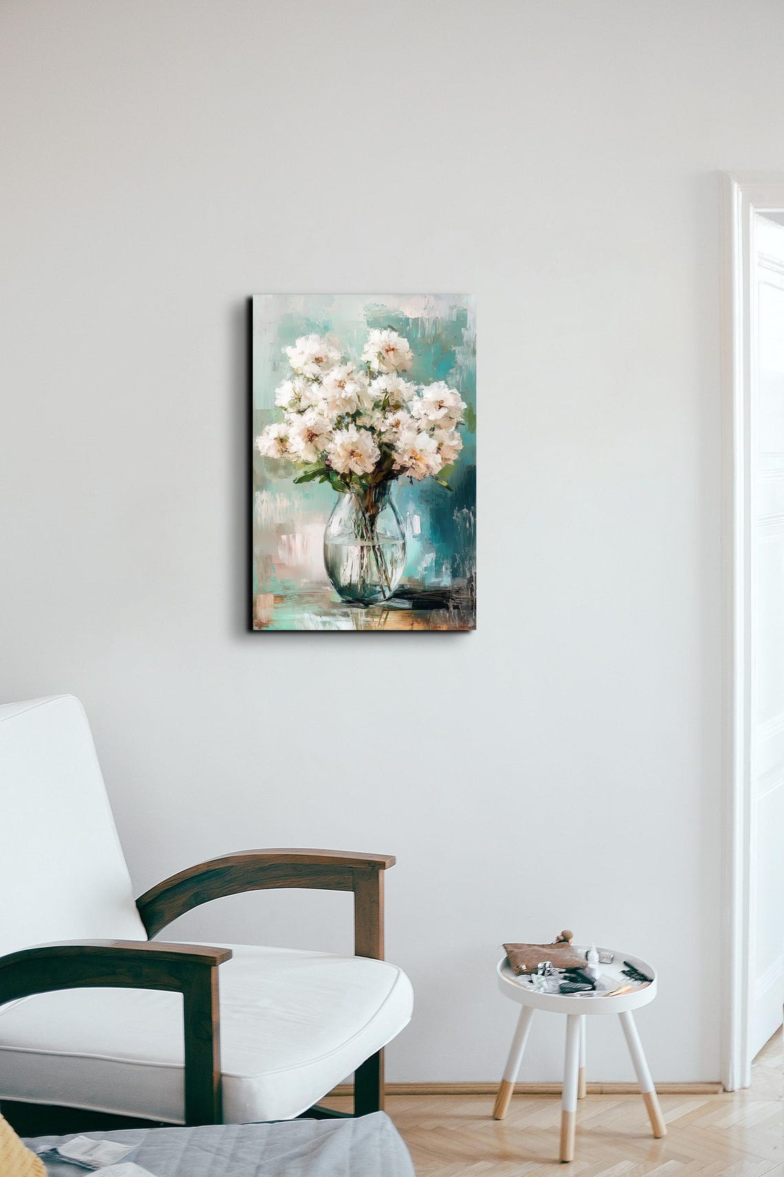 White Peonies Glass Vase Teal Abstract Floral Bouquet Art Poster - Image 5