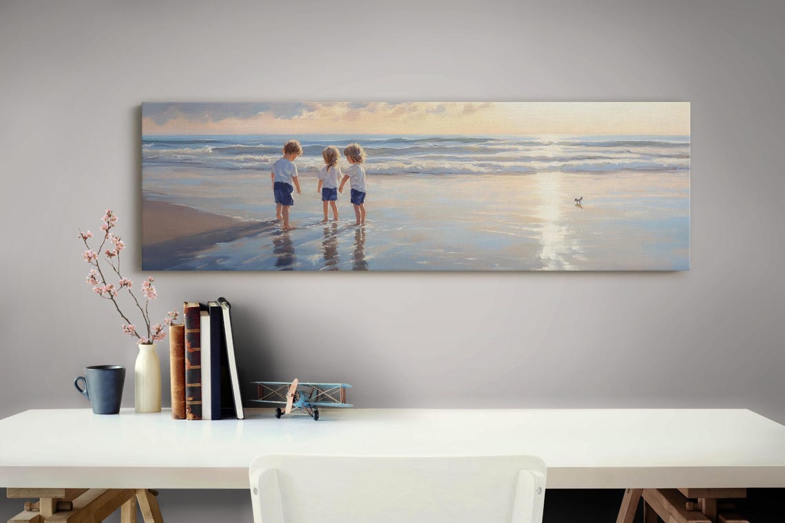 Children Playing At Sunset Beach Shore Golden Reflection Art Poster