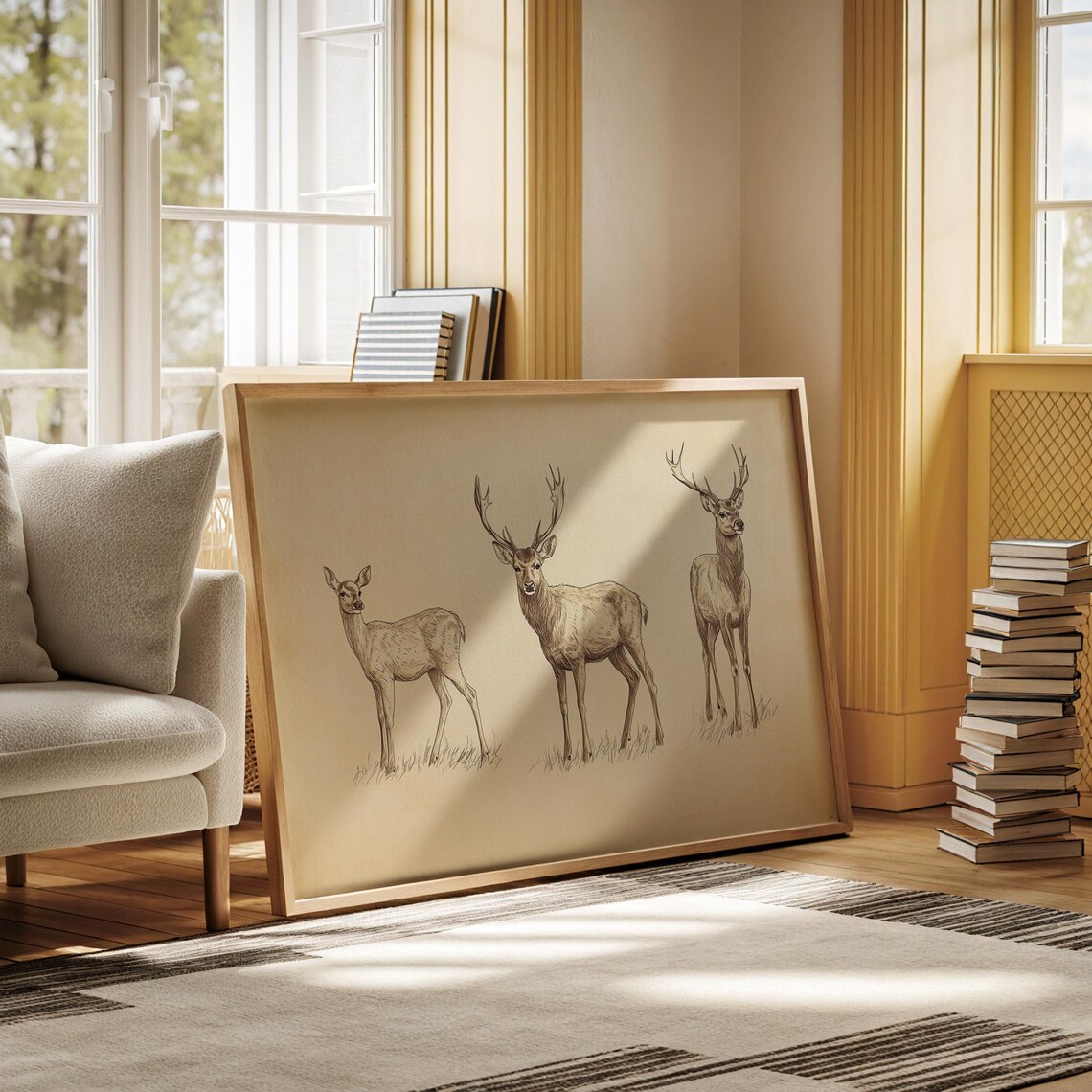 Vintage Sepia Sketch of Three Deer on Aged Paper Wildlife Art Poster - Image 6