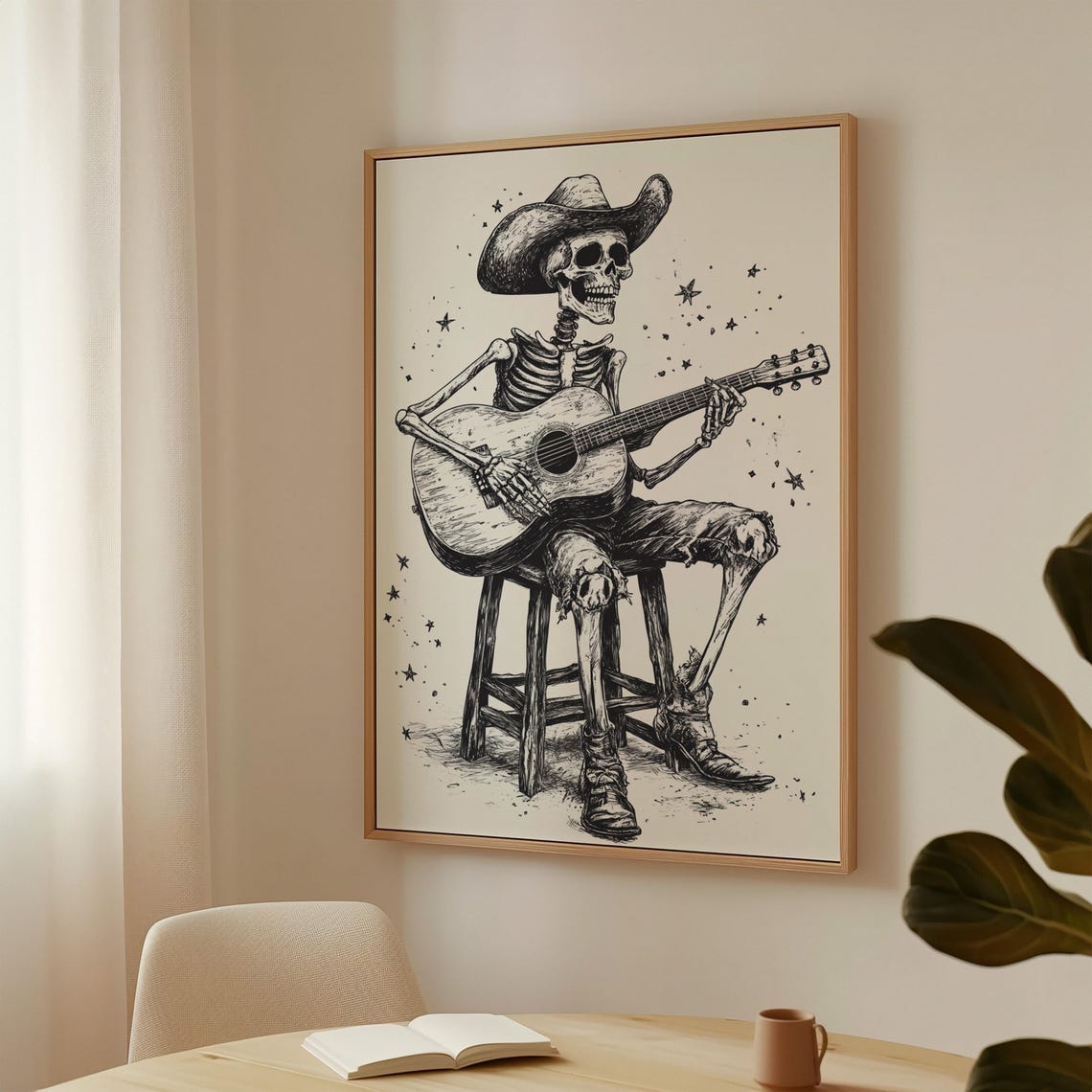 Cowboy Skeleton Playing Guitar Western Gothic Ink Art Poster - Image 2
