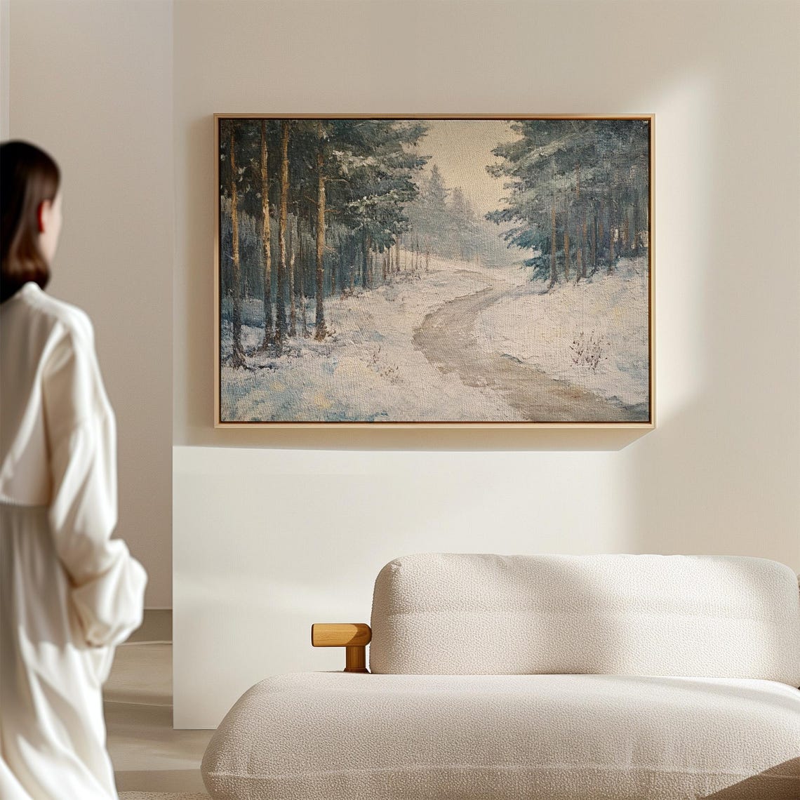 Snowy Forest Pathway Winter Landscape Rustic Vintage Painting Poster - Image 7