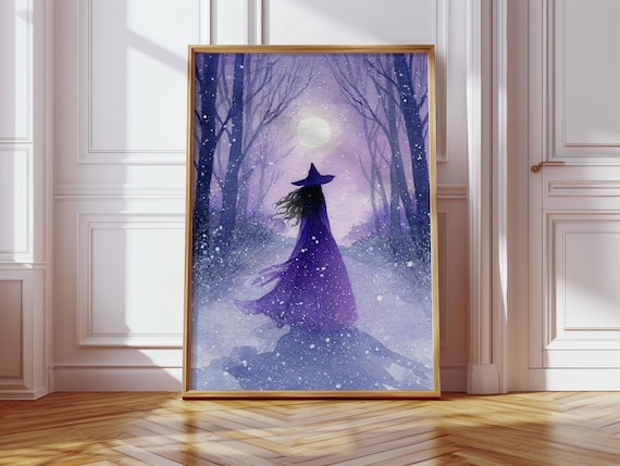 Watercolor Witch in Snowy Forest, Moonlit Winter Art Print