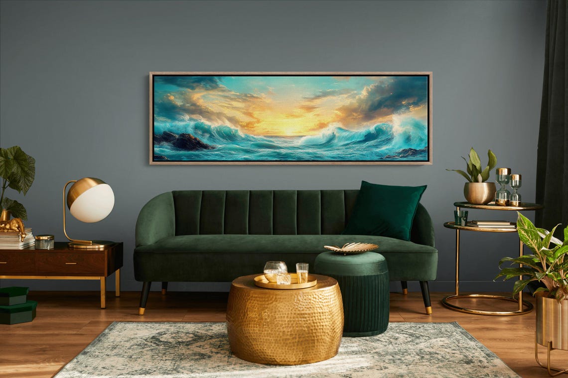 Ocean Wave Golden Sunset Seascape Panoramic Coastal Beach Poster - Image 3