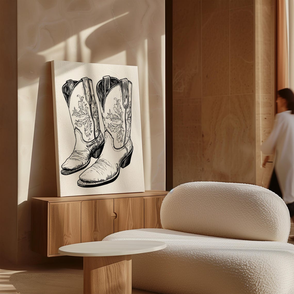 Floral Embroidered Cowboy Boots Ink Drawing Black and White Poster - Image 5