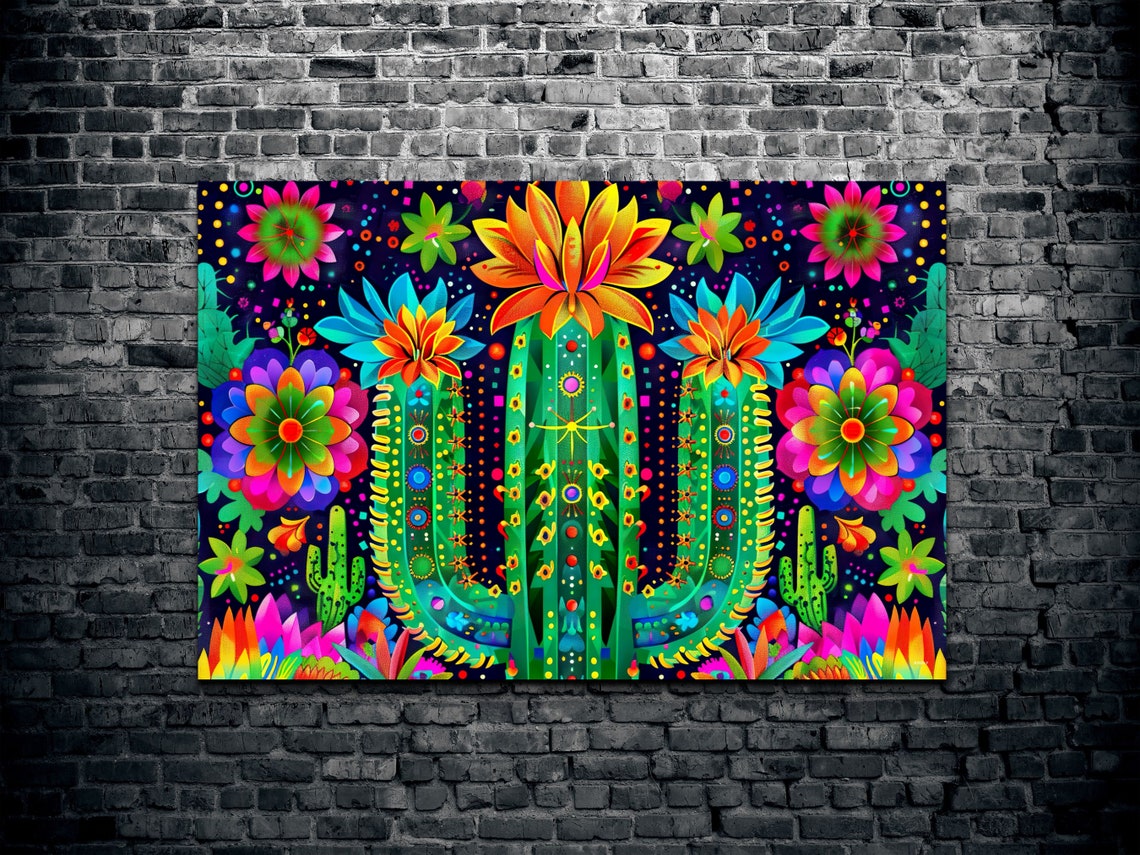 Neon Blooming Cactus Psychedelic Flowers Dark Background Wall Print - Image 2