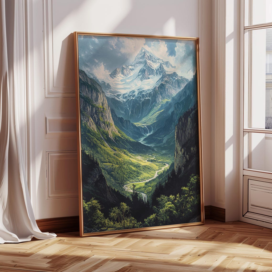 Snowcapped Mountain Valley Waterfall Lush Green Landscape Poster