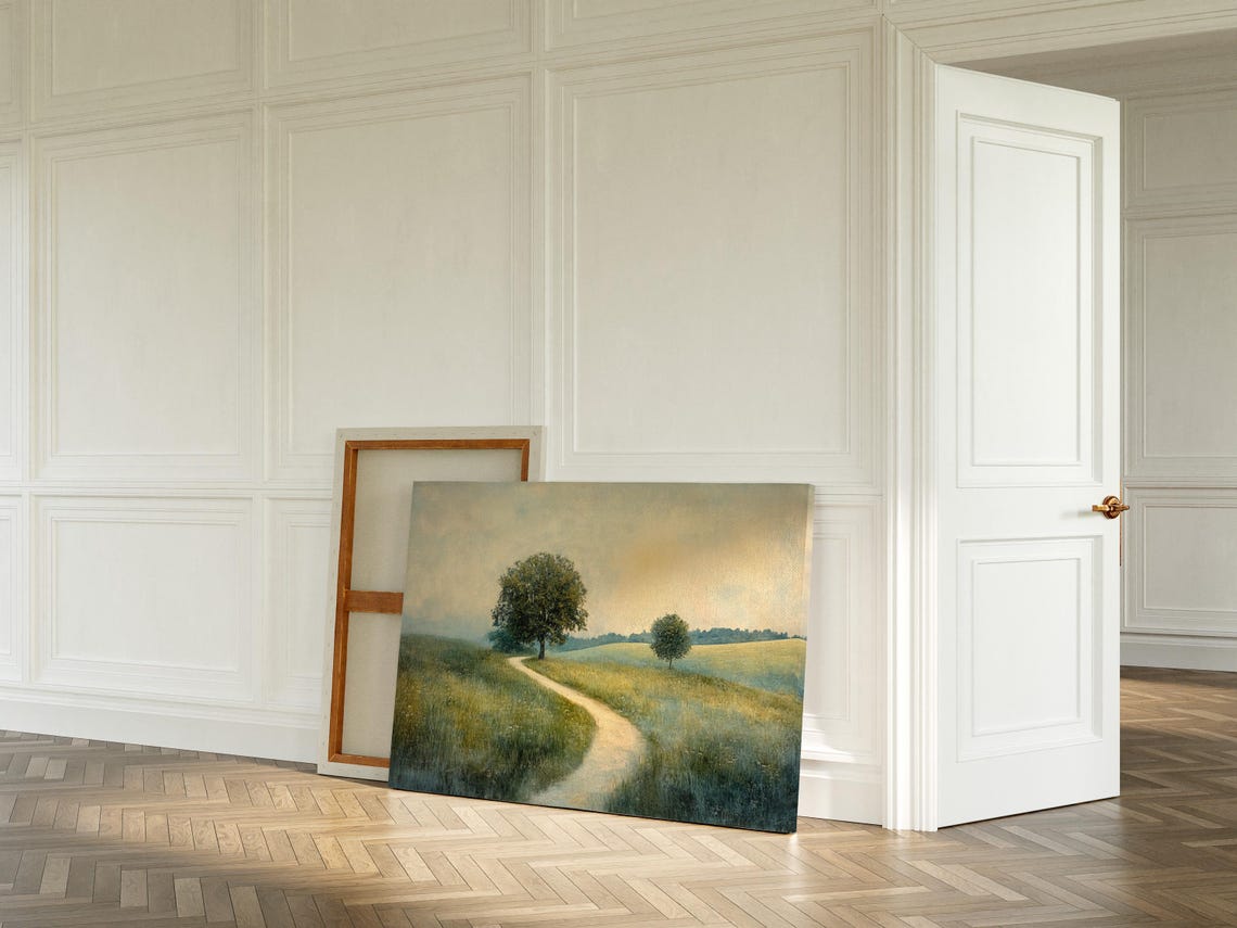 Lone Tree by Winding Meadow Path Vintage Landscape Painting Poster - Image 2