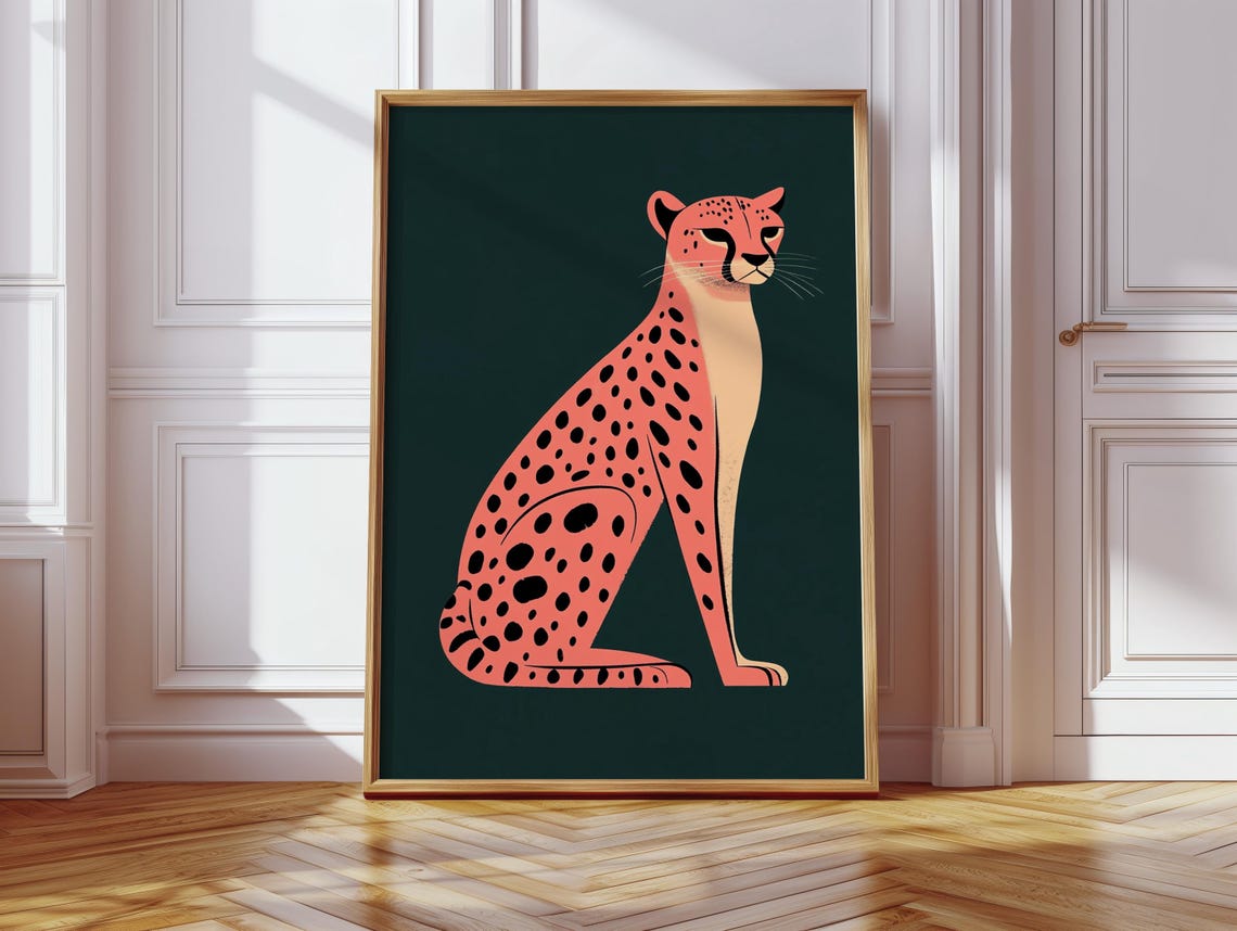 Bold Pink Cheetah Illustration Print on Dark Green Safari Background