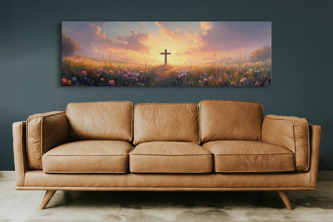 Rustic Wooden Cross Sunset Wildflower Field Christian Faith Print - Image 3