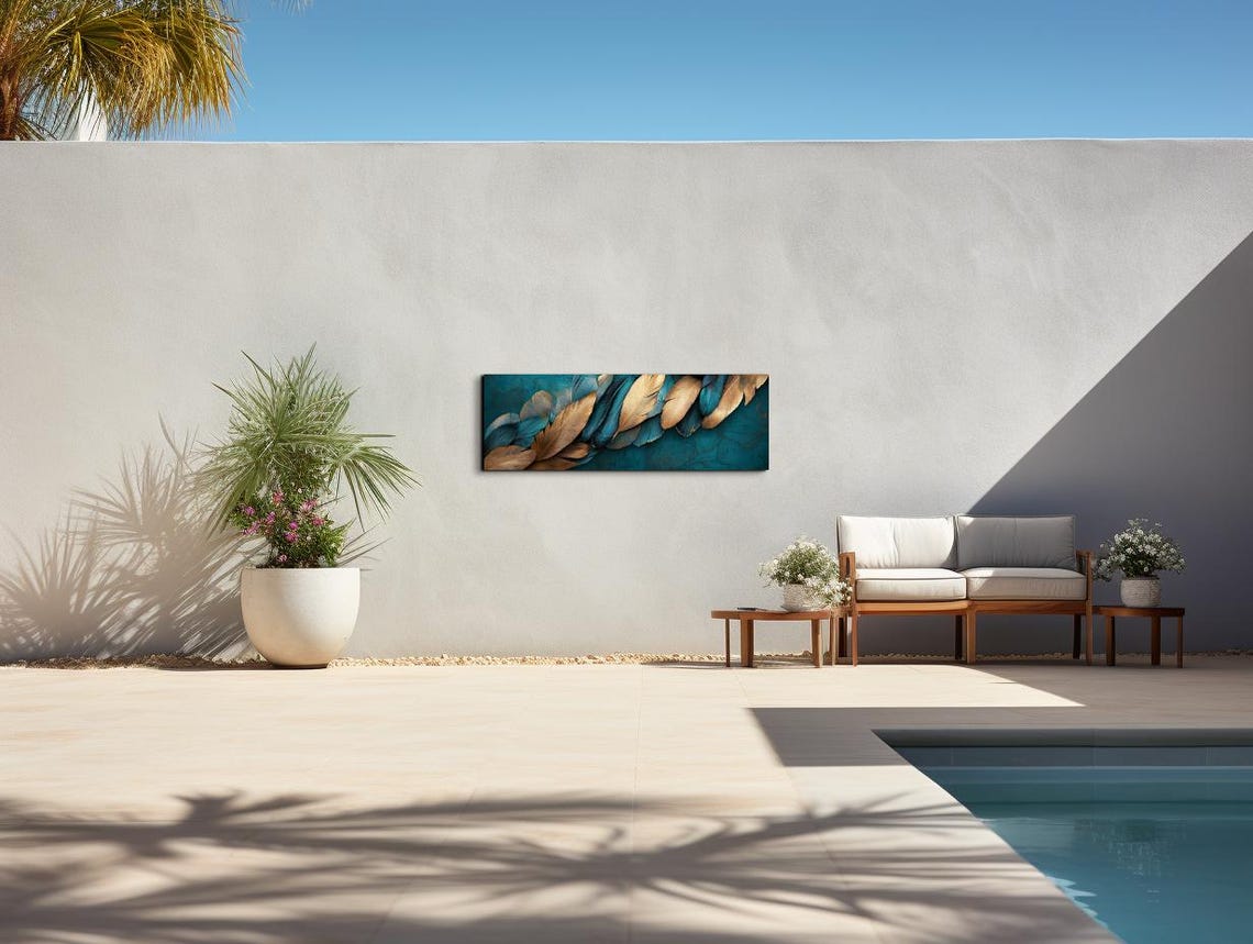 Golden Bronze Feathers On Teal Elegant Panoramic Nature Art Poster - Image 5