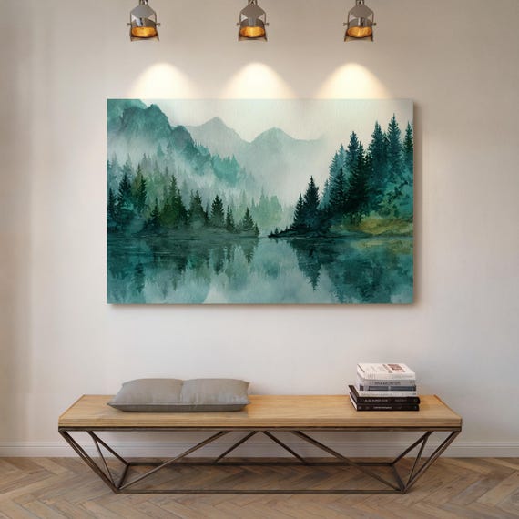 Misty Pine Forest Reflections Watercolor