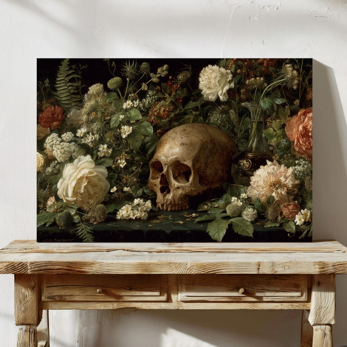 Skull Among Roses Memento Mori Gothic Floral Still Life Poster