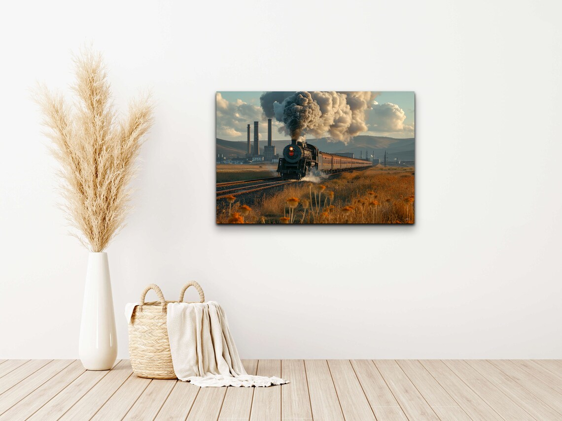Steam Locomotive Front View Dark Smoke Golden Field Train Poster - Image 4
