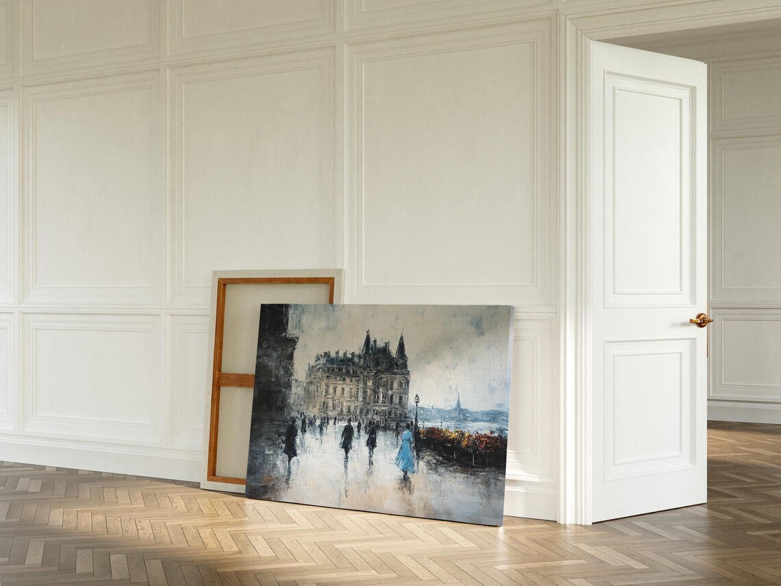 Parisian Street Scene On A Rainy Day With The Louvre In The Background Featuring A Woman In A Blue Dress Amidst A Flowery Market - Image 4
