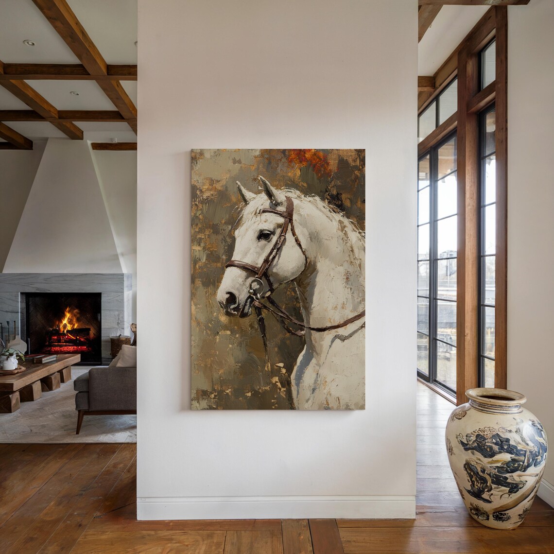 Majestic White Horse Portrait Oil Painting Equestrian Rustic Poster - Image 5