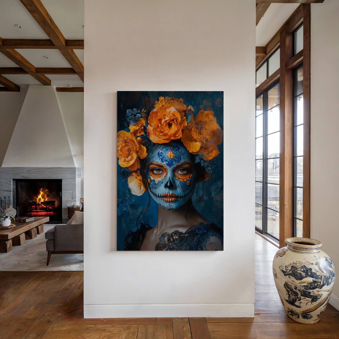 Blue Sugar Skull Orange Flowers Day Of The Dead Bold Portrait Poster - Image 4