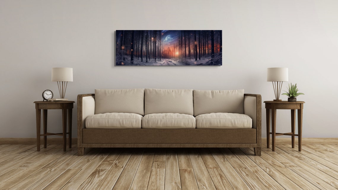 Snowy Forest Moonlight Night Winter Path Panoramic Art Poster - Image 6
