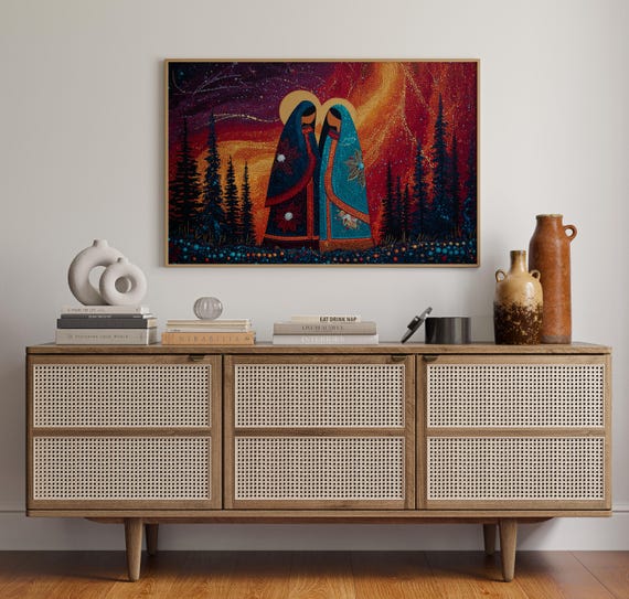 Native Love Canvas Wall Art Two Indigenous Women With Halos In Beaded Robes Tribal Couple Portrait Fiery Forest Sunset