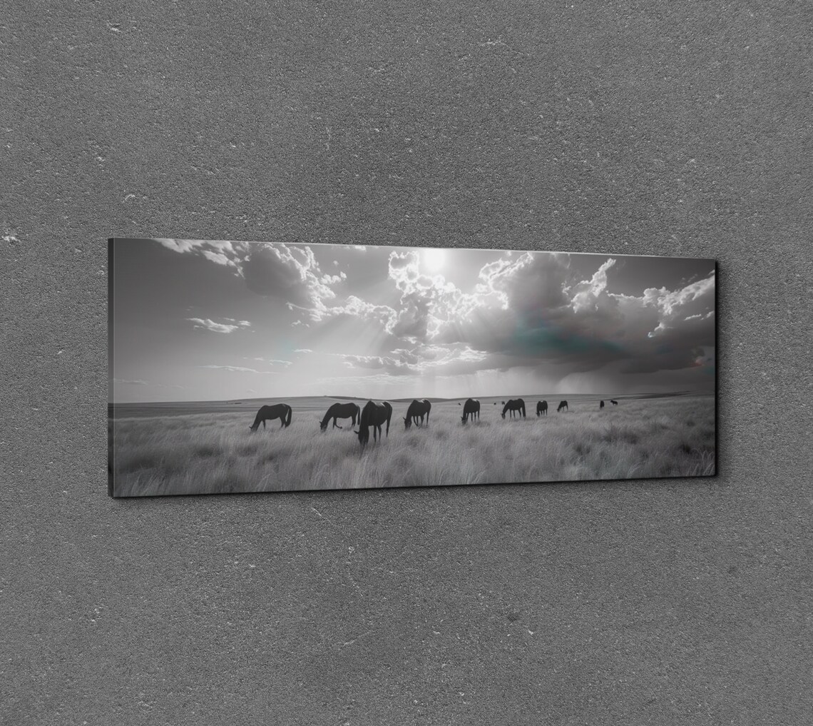 Panoramic Wild Horse Black And White Art Print - Image 3