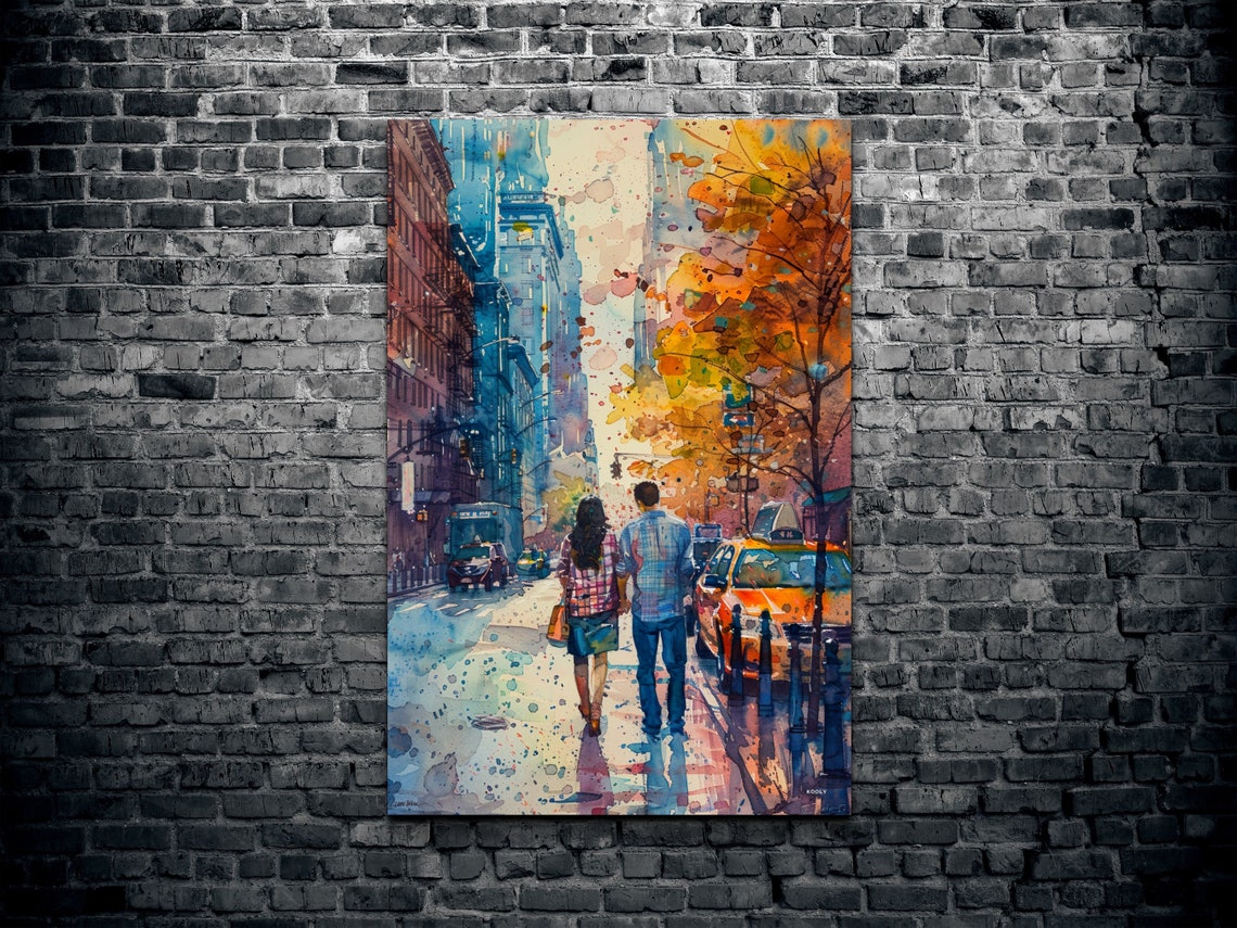 Autumn City Stroll Couple With Yellow Taxis Watercolor Wall Art - Image 2