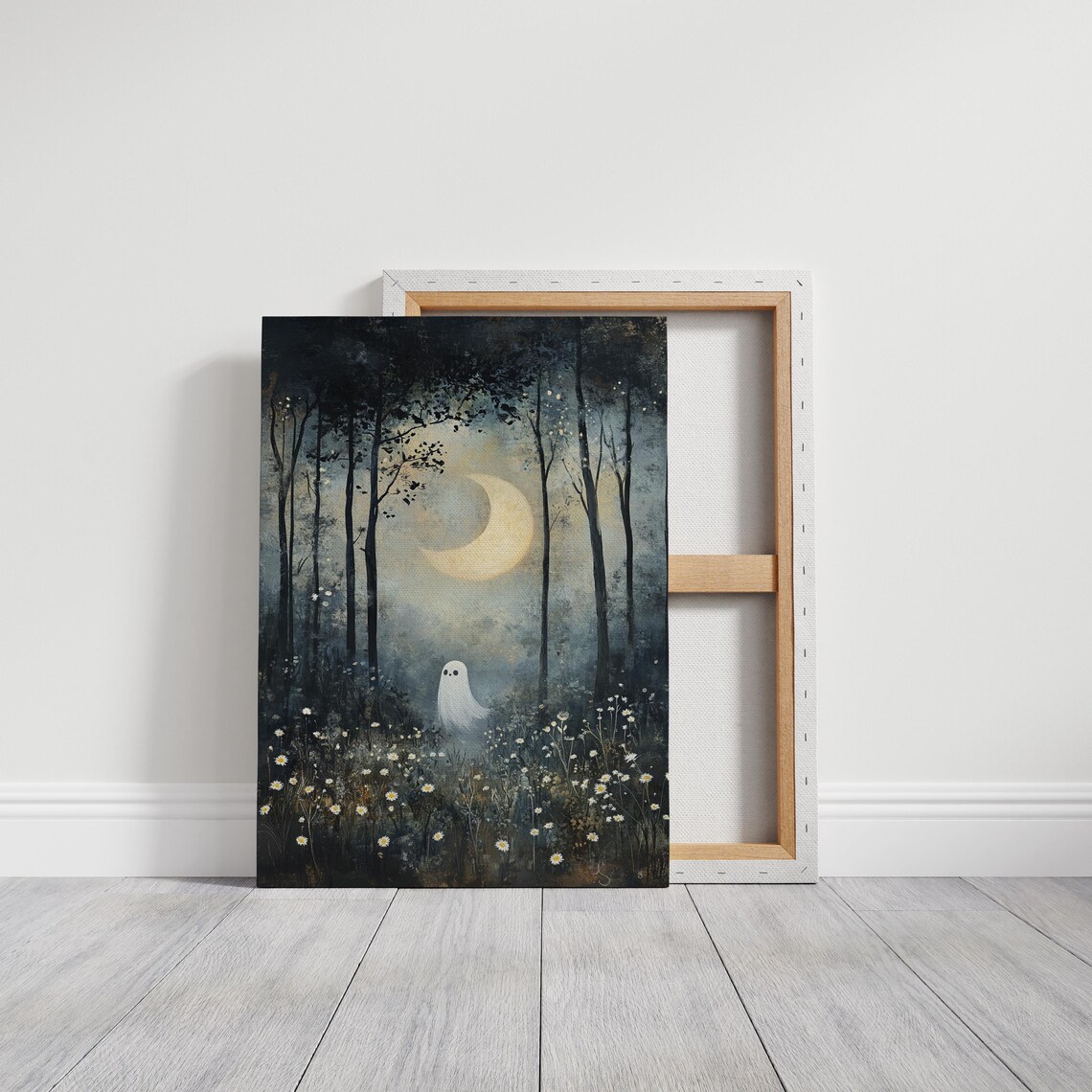 Cute Ghost In Moonlit Forest With Crescent Moon Daisies Halloween Poster - Image 2