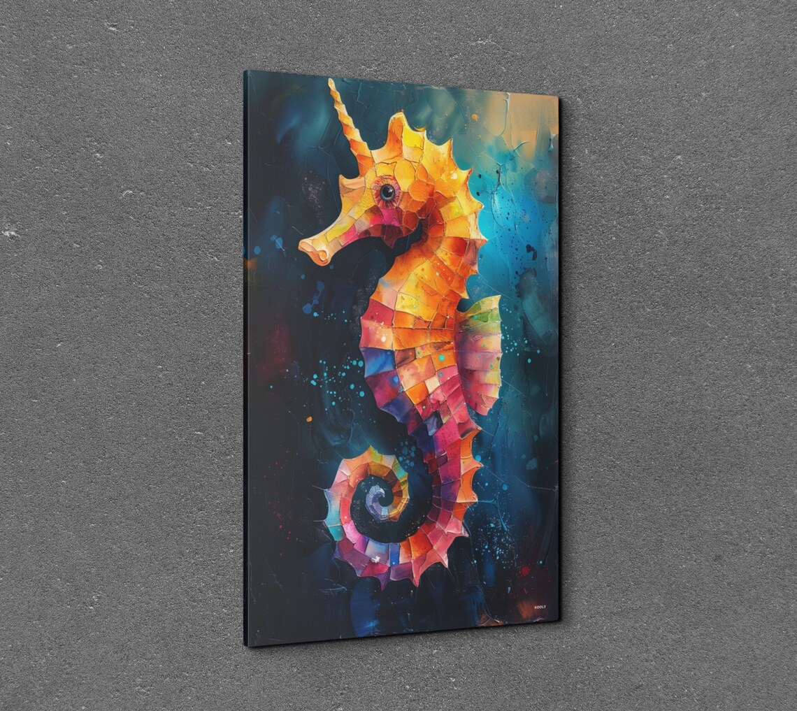 Colorful Mosaic Seahorse Orange Pink Dark Teal Ocean Art Poster - Image 3