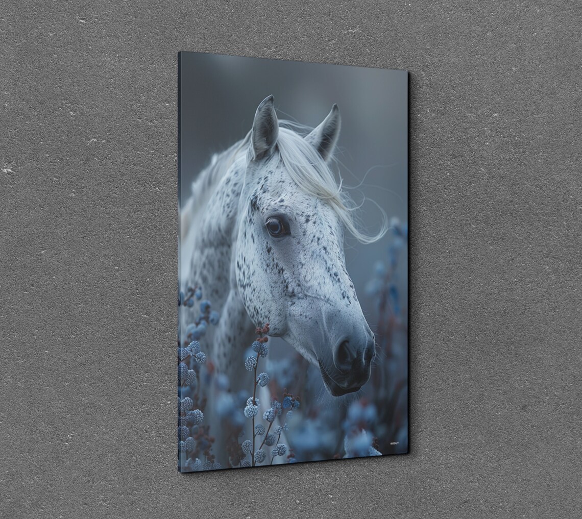 White Horse Portrait Misty Blue Wildflowers Equine Decor Wall Art - Image 7