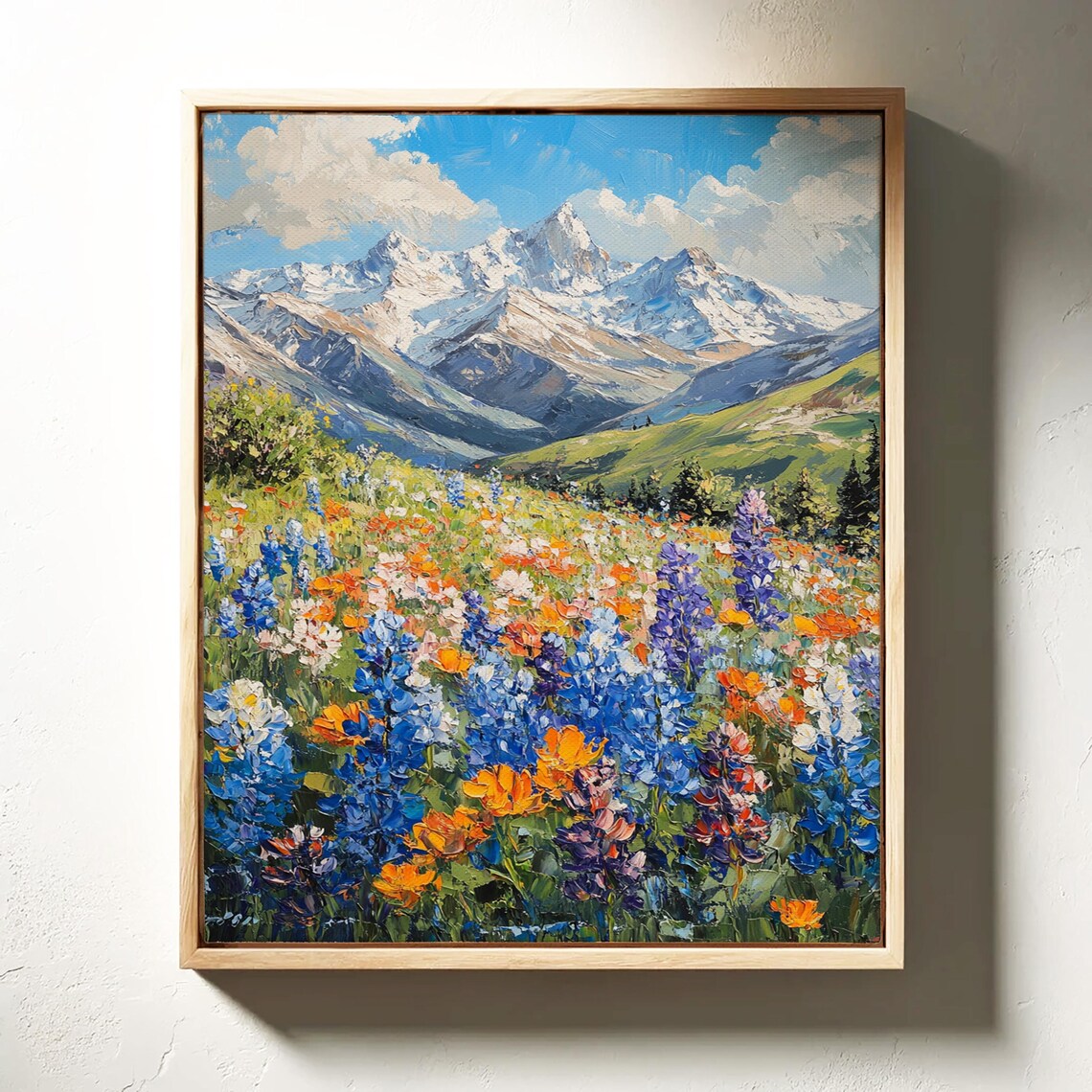 Snowcapped Mountain Bluebonnet Meadow Impasto Oil Painting Poster - Image 4