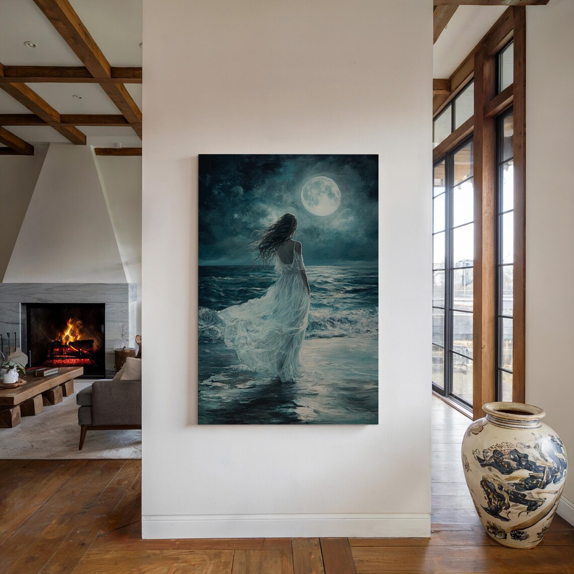 Woman Walking into Moonlit Ocean Ethereal Night Seascape Art Print - Image 3