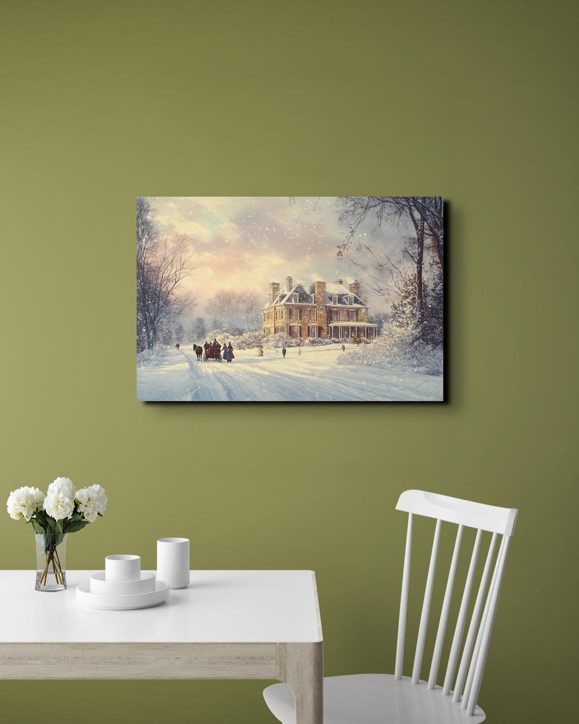 Snowy Manor Horse Sleigh Dusk Vintage Christmas Scene Poster - Image 4