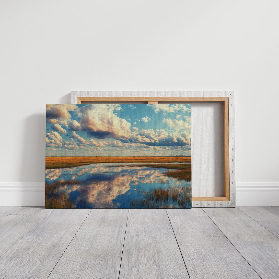 Reflective Wetlands Art Scenic Golden Marshland With Vibrant Clouds And Blue Sky Tranquil Nature Wall Decor - Image 3