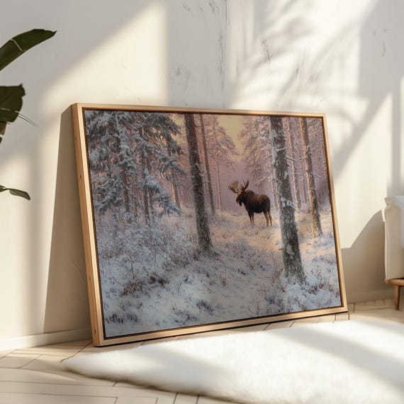 Vintage Oil Painting Of Moose In Snowy Forest Majestic Wildlife Scene Winter Landscape Rustic Cabin Lodge Nature Wall Art
