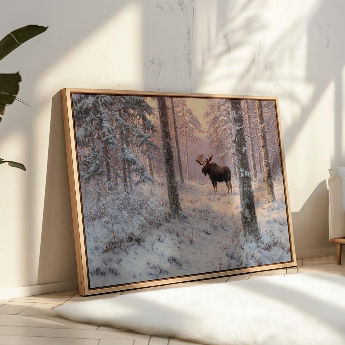 Moose Standing In Snowy Pine Forest Dawn Wildlife Cabin Poster