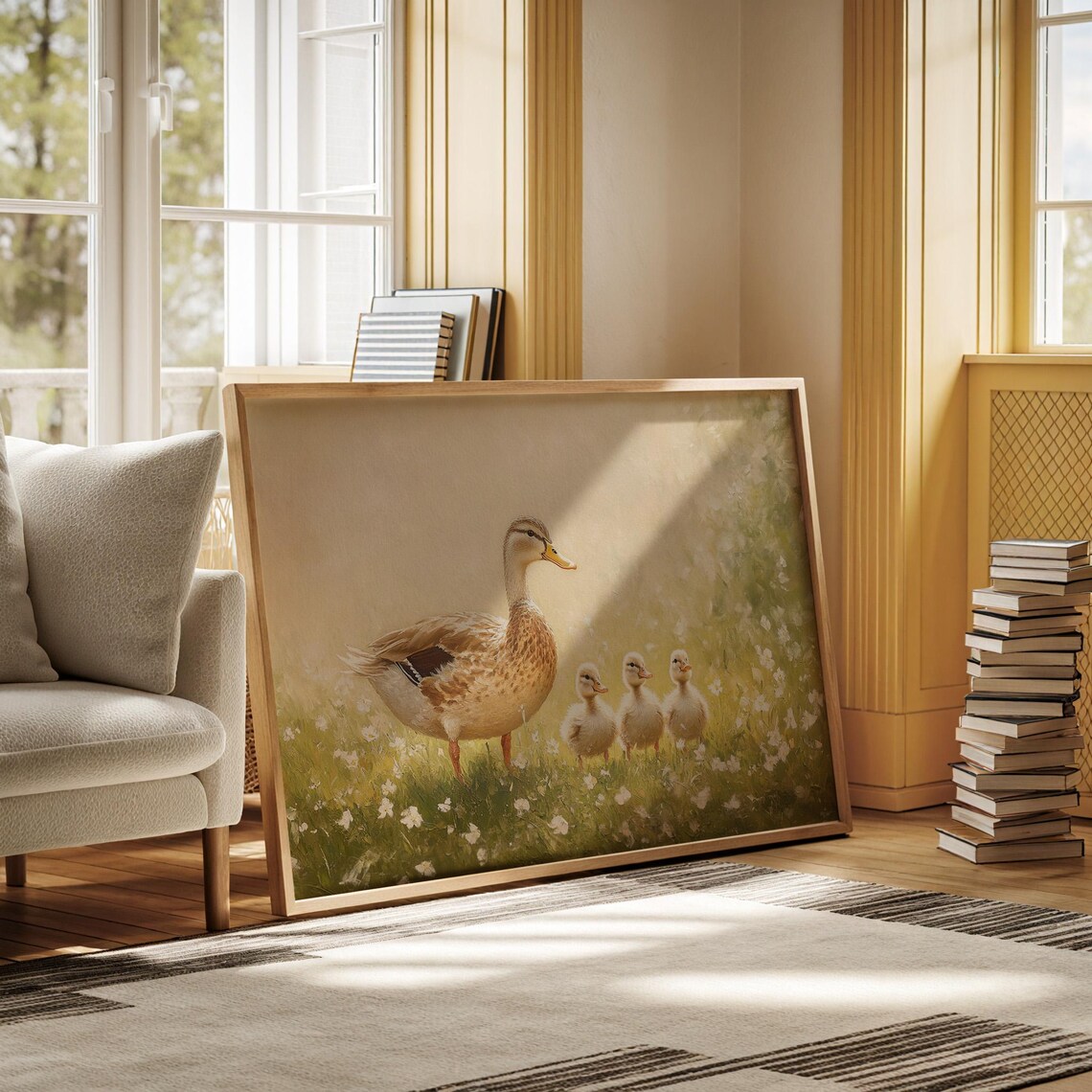 Mother Duck and Ducklings, Rustic Farmhouse Meadow Art Print